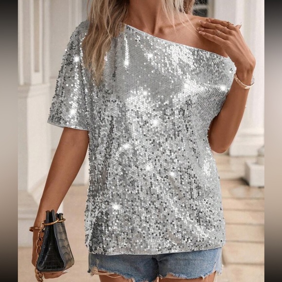 Elegant Asymmetrical Neck Batwing Sleeve Sequin Blouse - Picture 3 of 5